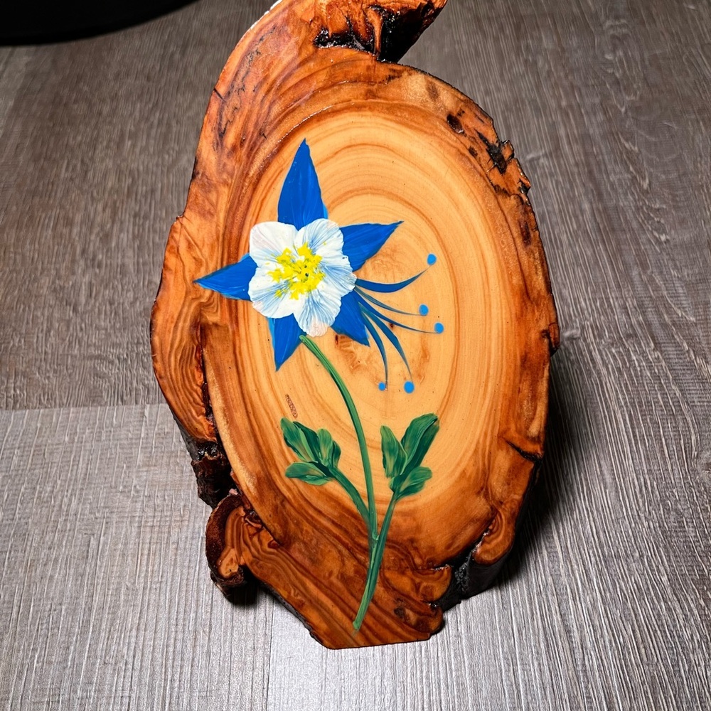 Hand painted flower on cut wood limb sealed artisan no signature rustic